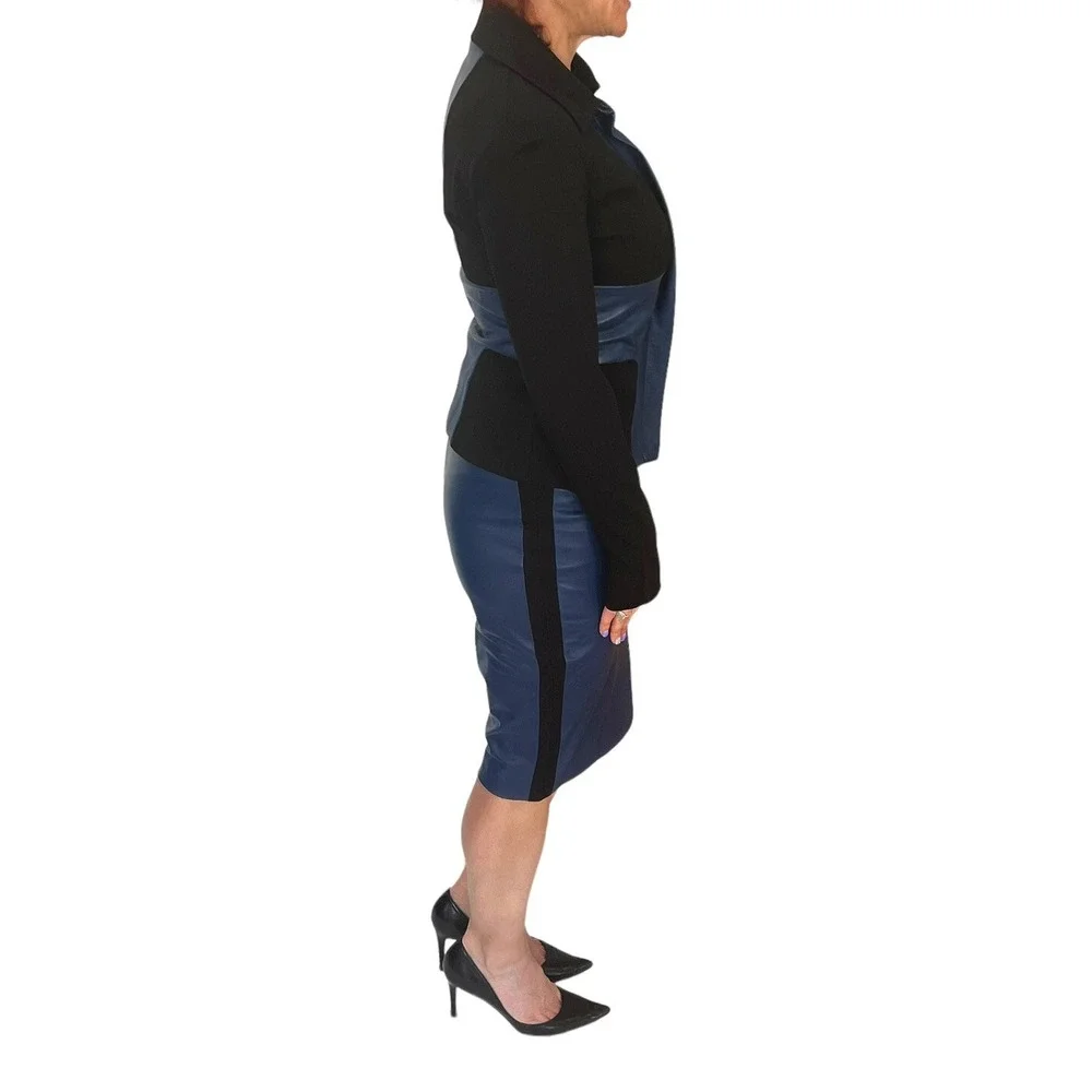 ROBERT RODRIGUEZ  SCUBA NAVY LEATHER COLORBLOCK MOTO JACKET SKIRT SUIT SET 2/4